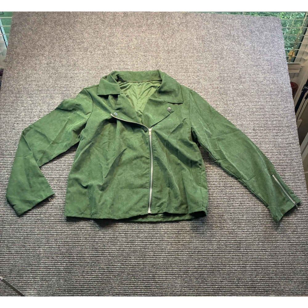 Womens Forest Green Faux Suede Microfiber Asymmetrical Zip Moto Jacket Punk XL